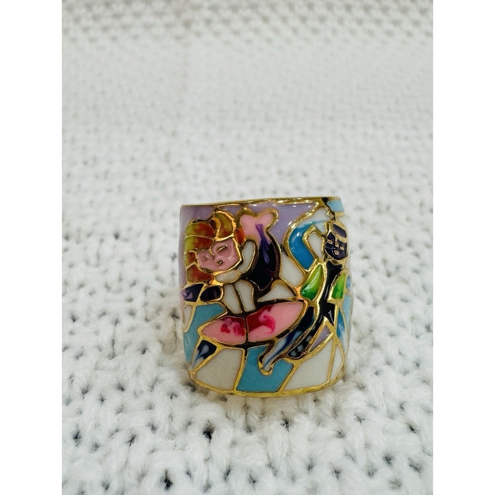Colorful Enamel Wide Band Ring Gold Tone Abstract Design Size 6